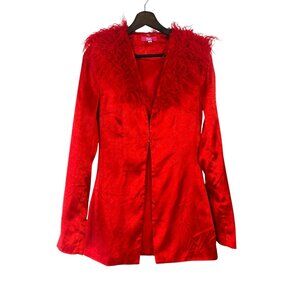 Elsje and Fred Red Mid Length Faux Fur Trim Jacket Small